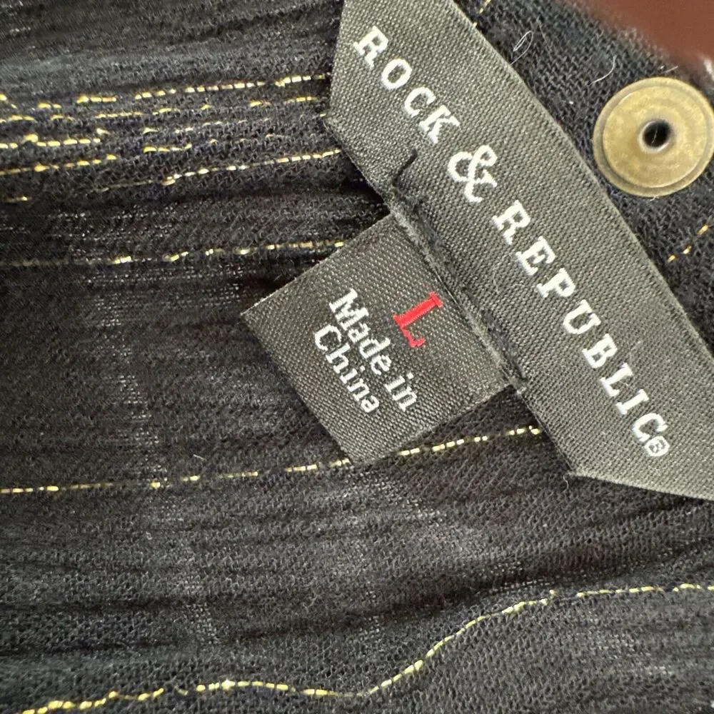 Metallic Striped Top  Night Blouse Black Gold Long Sleeve V-neck Women’s Size L - Picture 13 of 14